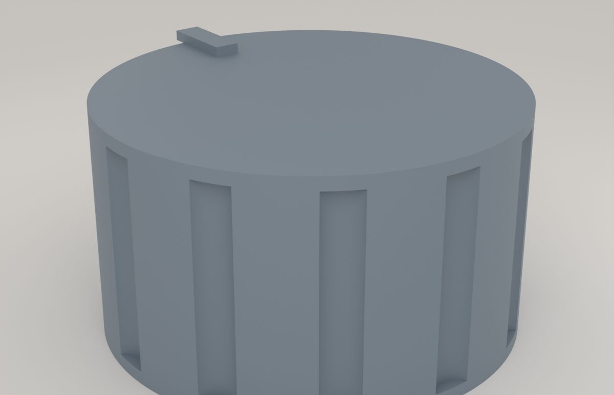 Render of a dark grey control knob with grip scallops and a pointer, viewed from an angle
