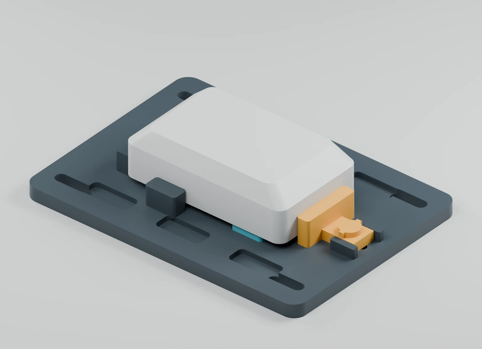 Assembled CAD view of the gray sensor housing seated in the dark fixture
