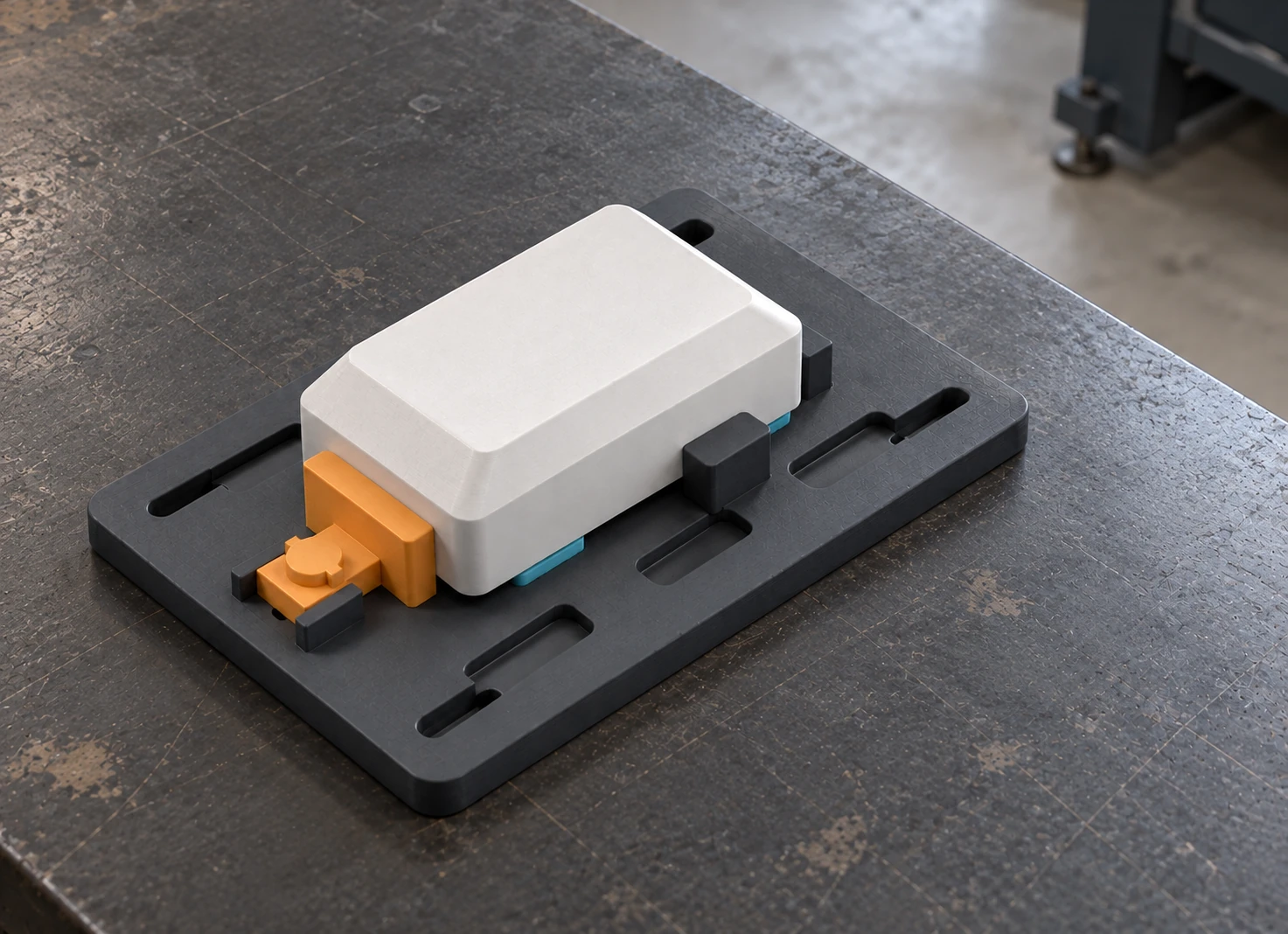 Generated design visualization of the fixture and housing on an illustrative workshop bench