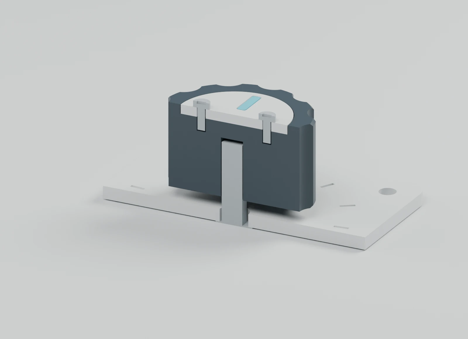 Half-section CAD view showing the shaft socket, reference shaft and screw-retained face insert