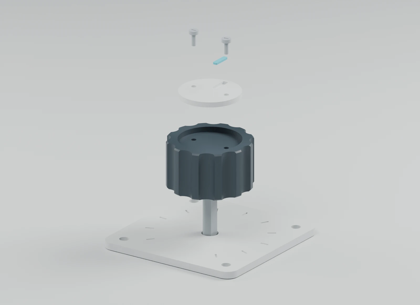 Exploded CAD view of the scalloped knob, separate face insert, pointer and reference panel with shaft