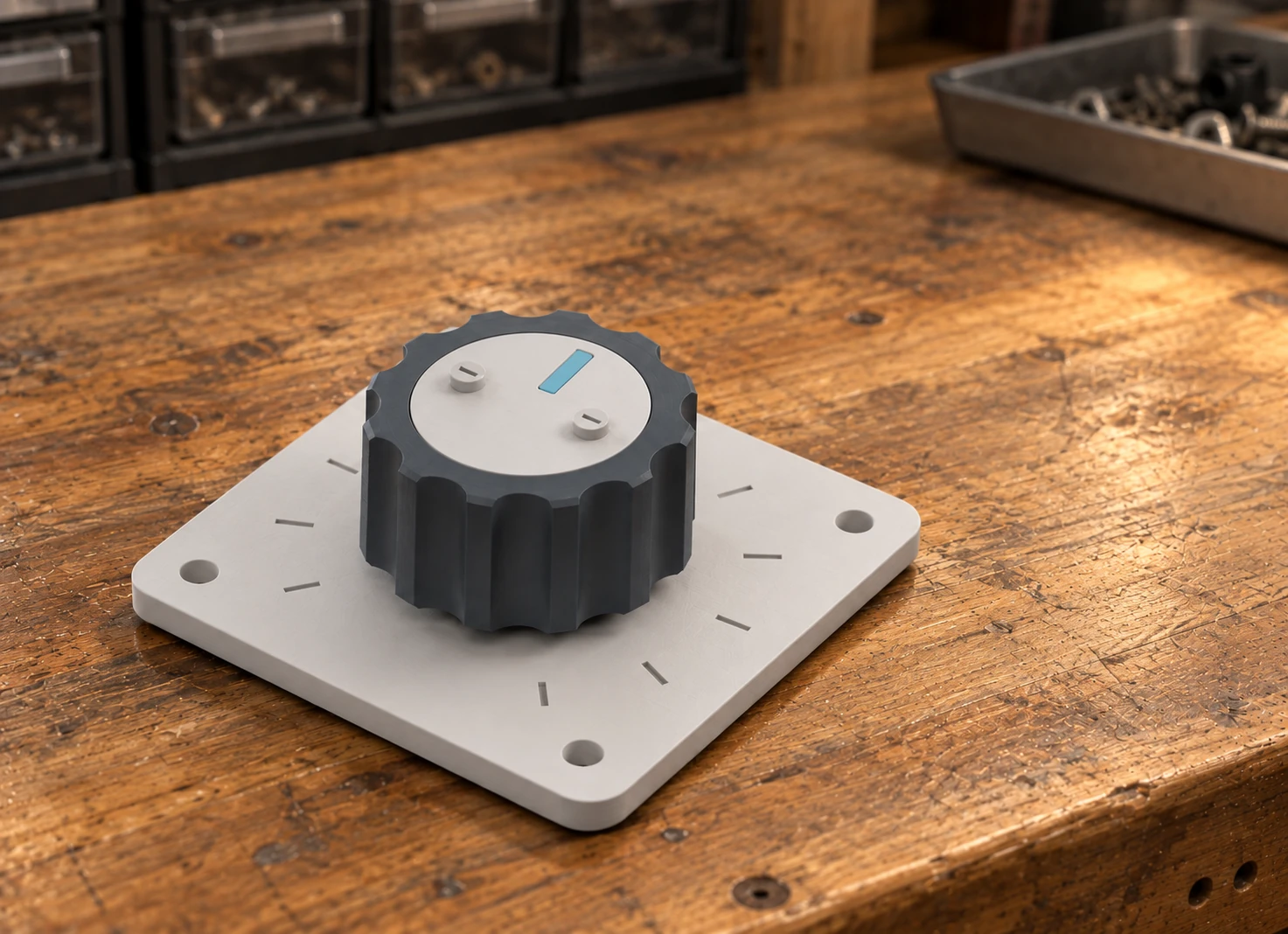 Rendered workshop scene showing the assembled control knob