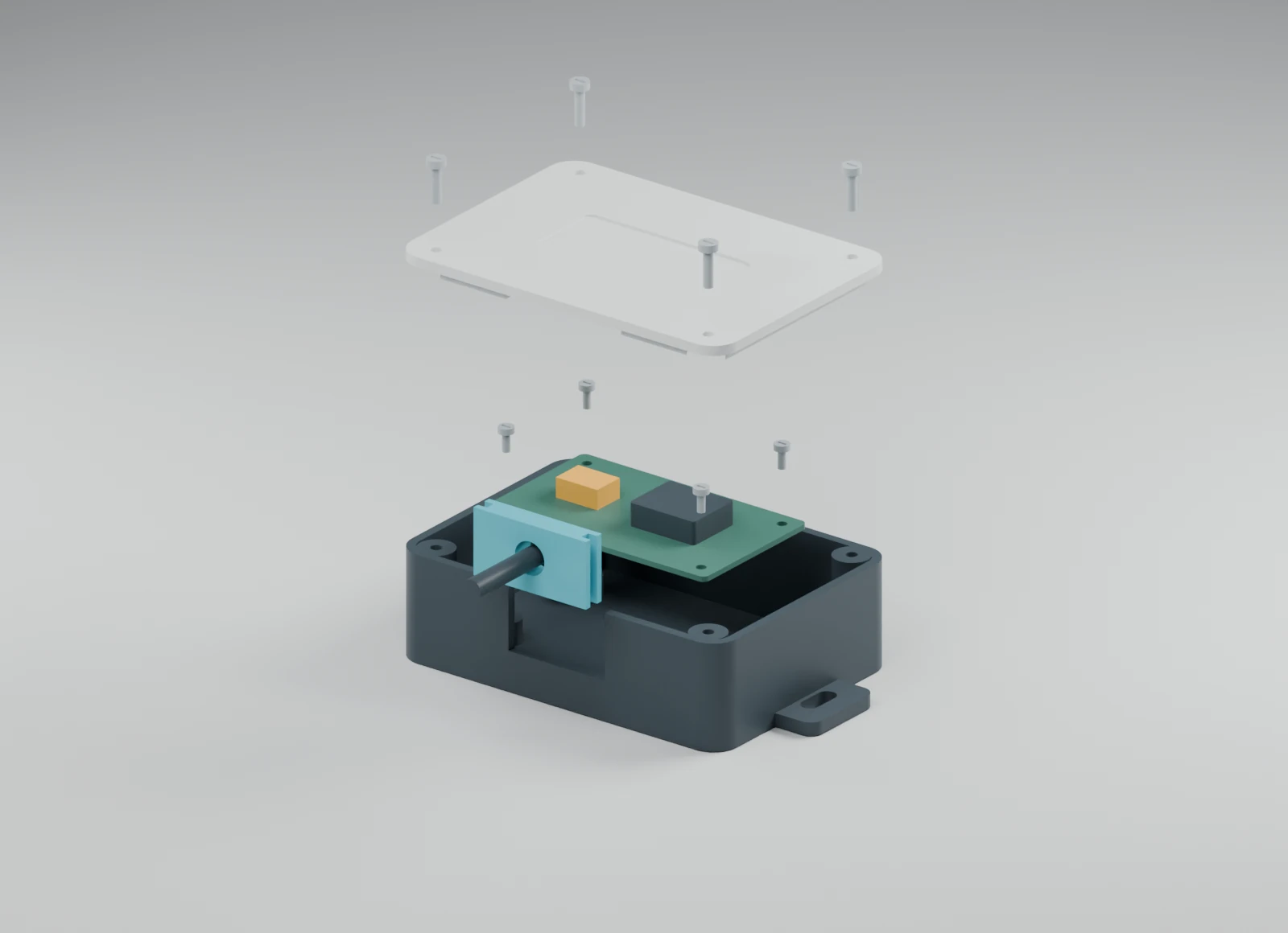 Exploded CAD view of the enclosure body, lid, fasteners, reference board and cable plate