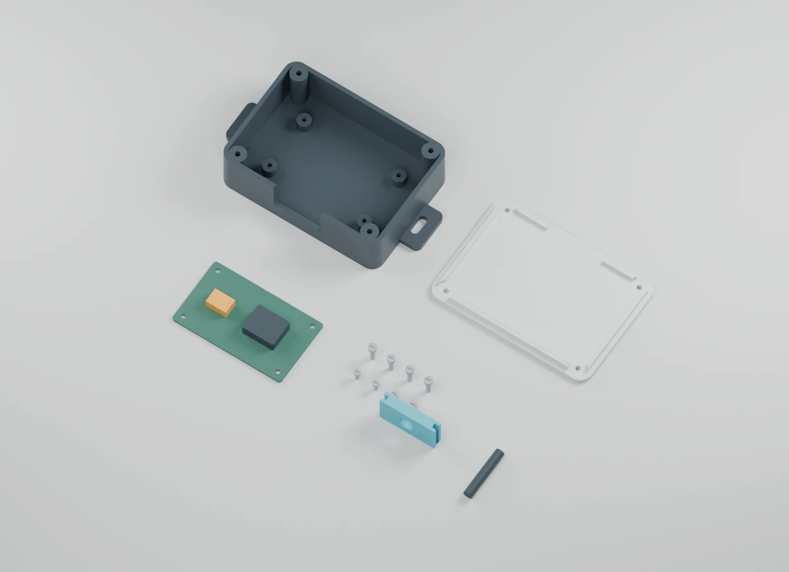 CAD layout of the enclosure body, lid, reference board, cable plate and screws