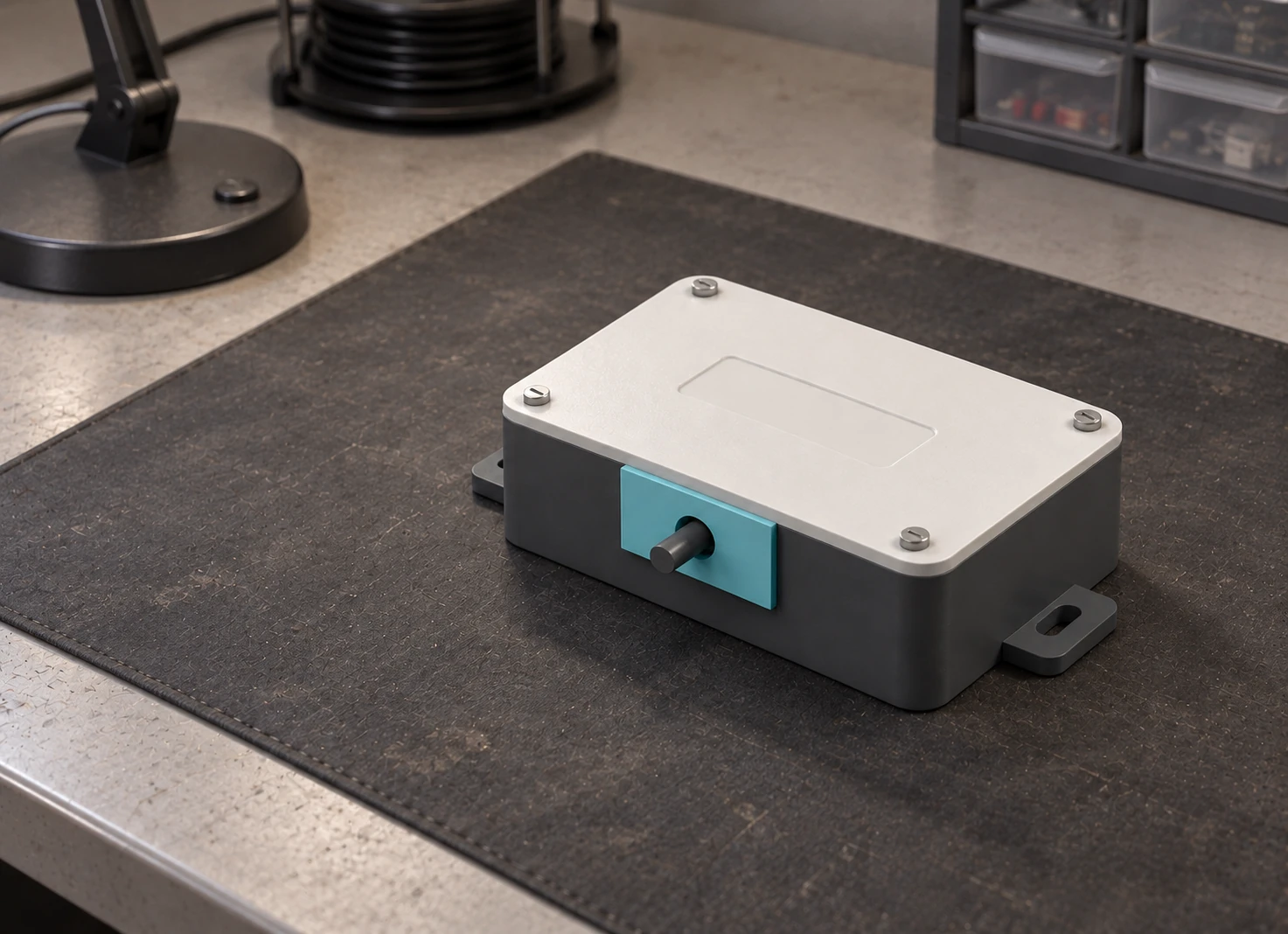 Rendered workshop scene showing the assembled electronics enclosure