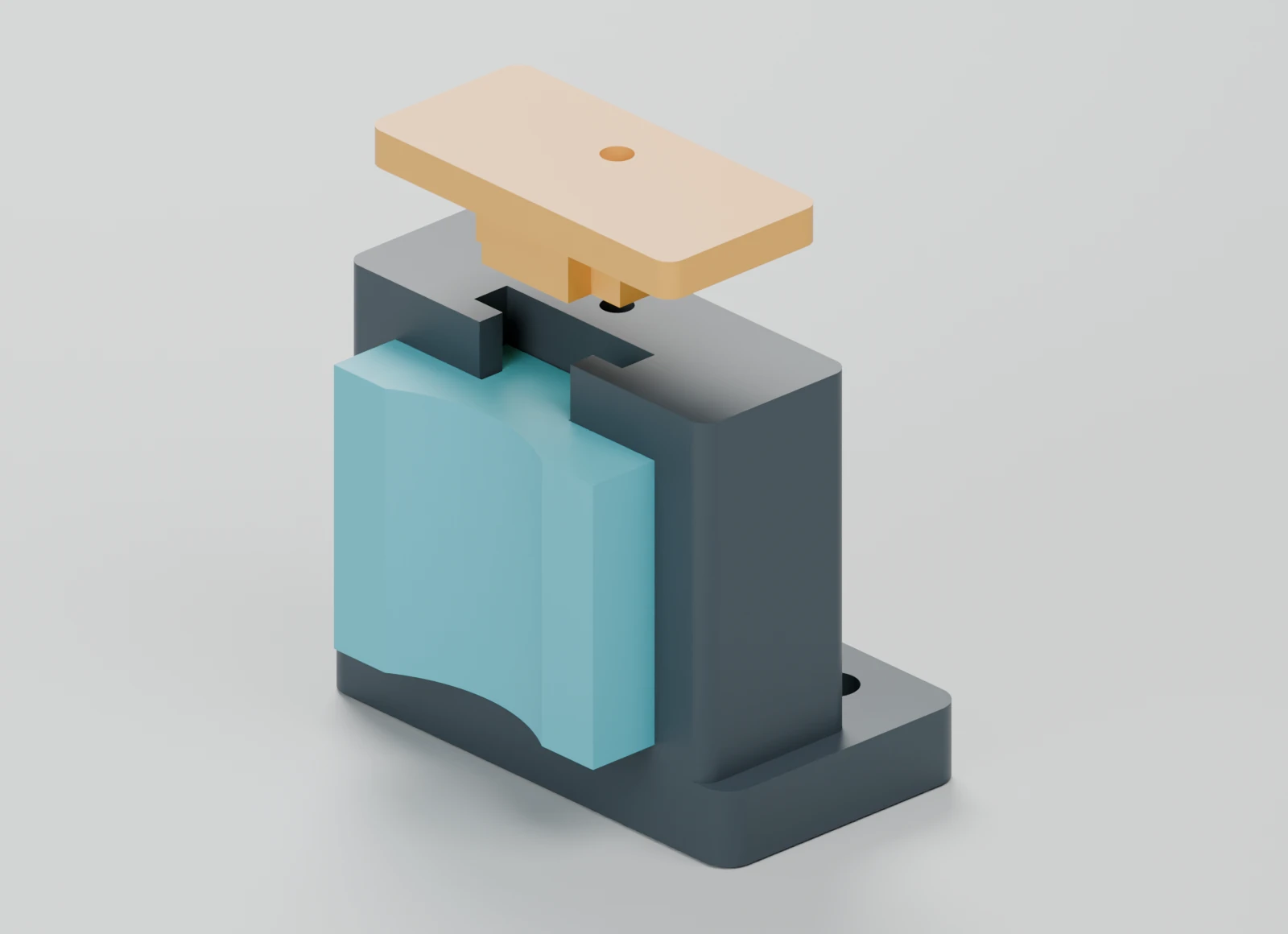 Close CAD view of a seated contact and raised end cap revealing its downward stop feature