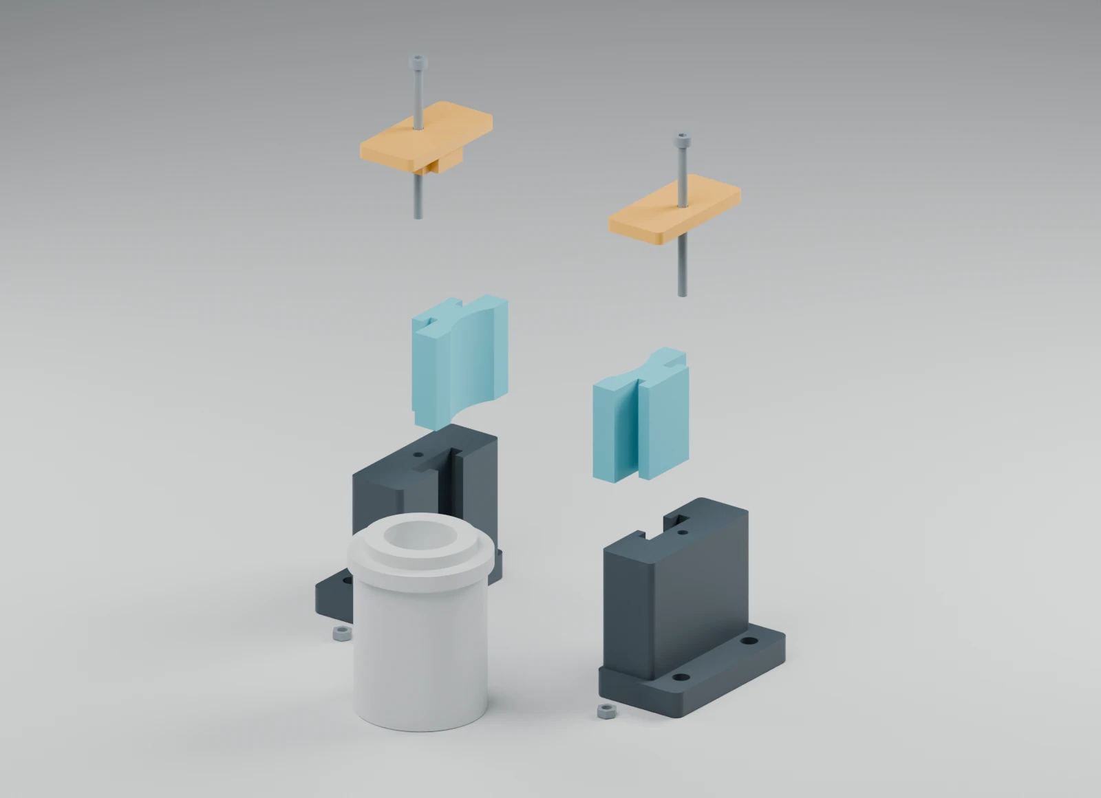 Exploded CAD view of opposing rigid jaws, shaped soft inserts, retainers and a cylindrical reference workpiece