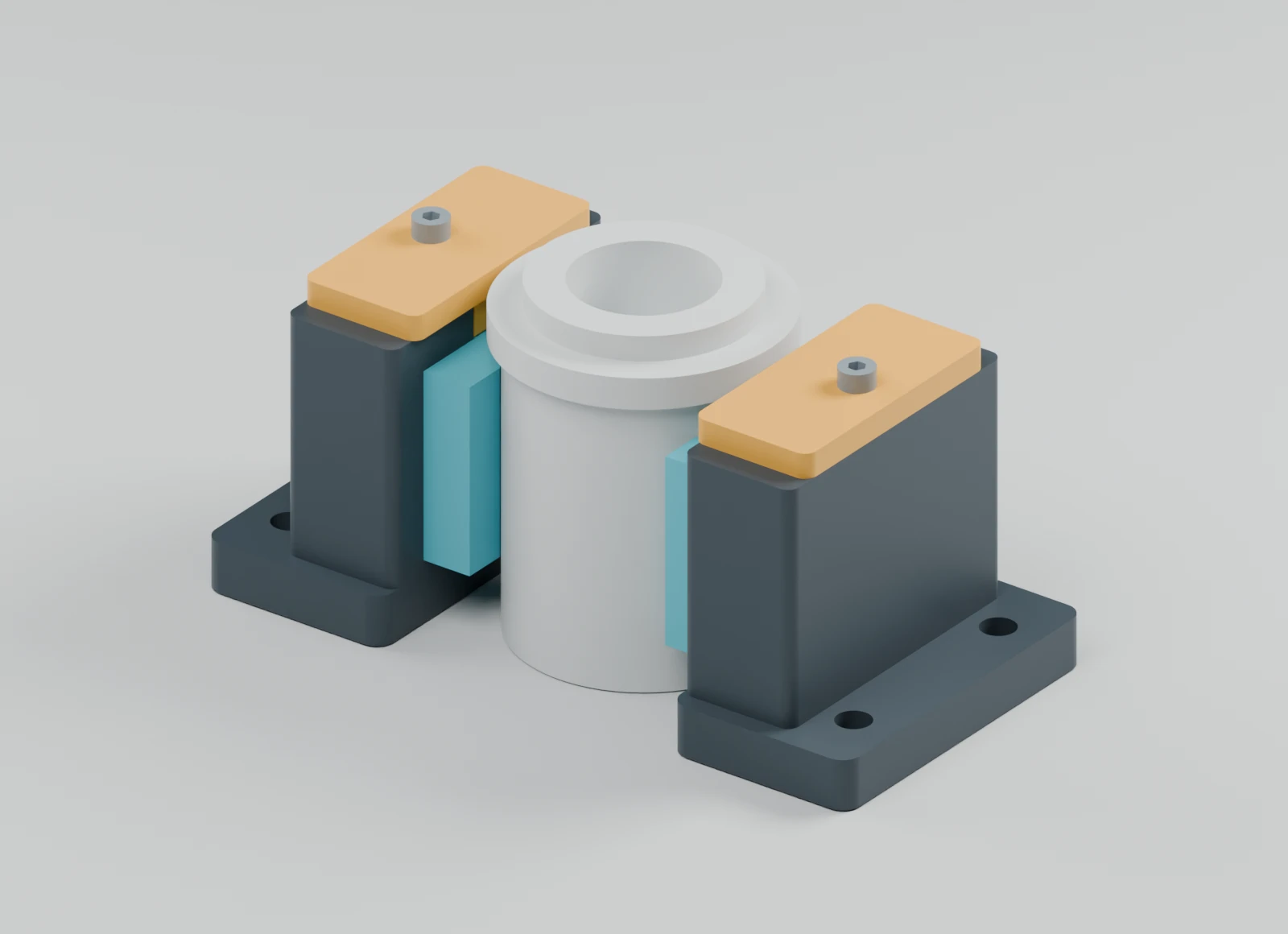 Assembled CAD view of opposing jaws around a cylindrical sample resting on the bench