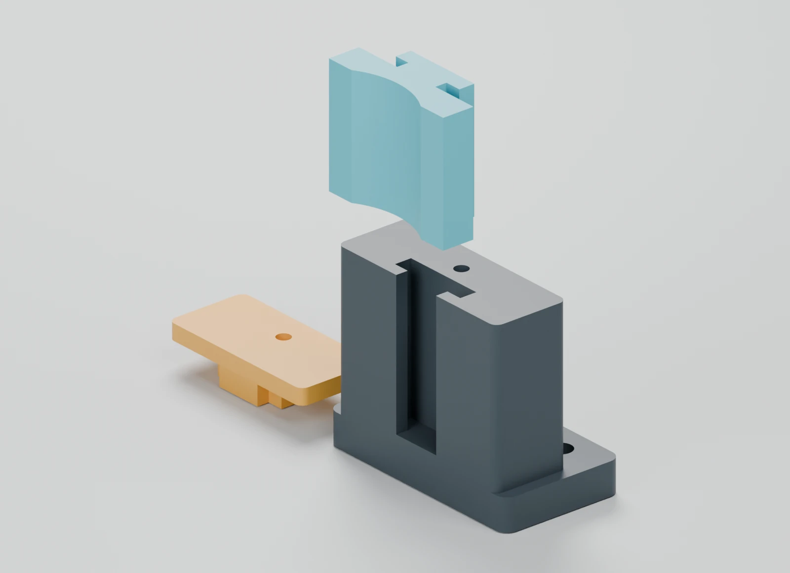 A concave cyan contact above the open T-slot in a graphite carrier, with the amber end stop set aside