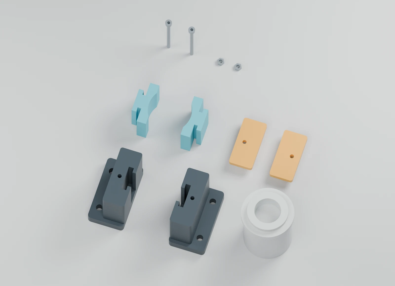 CAD layout showing the separate rigid jaws, soft inserts, retainers and workpiece