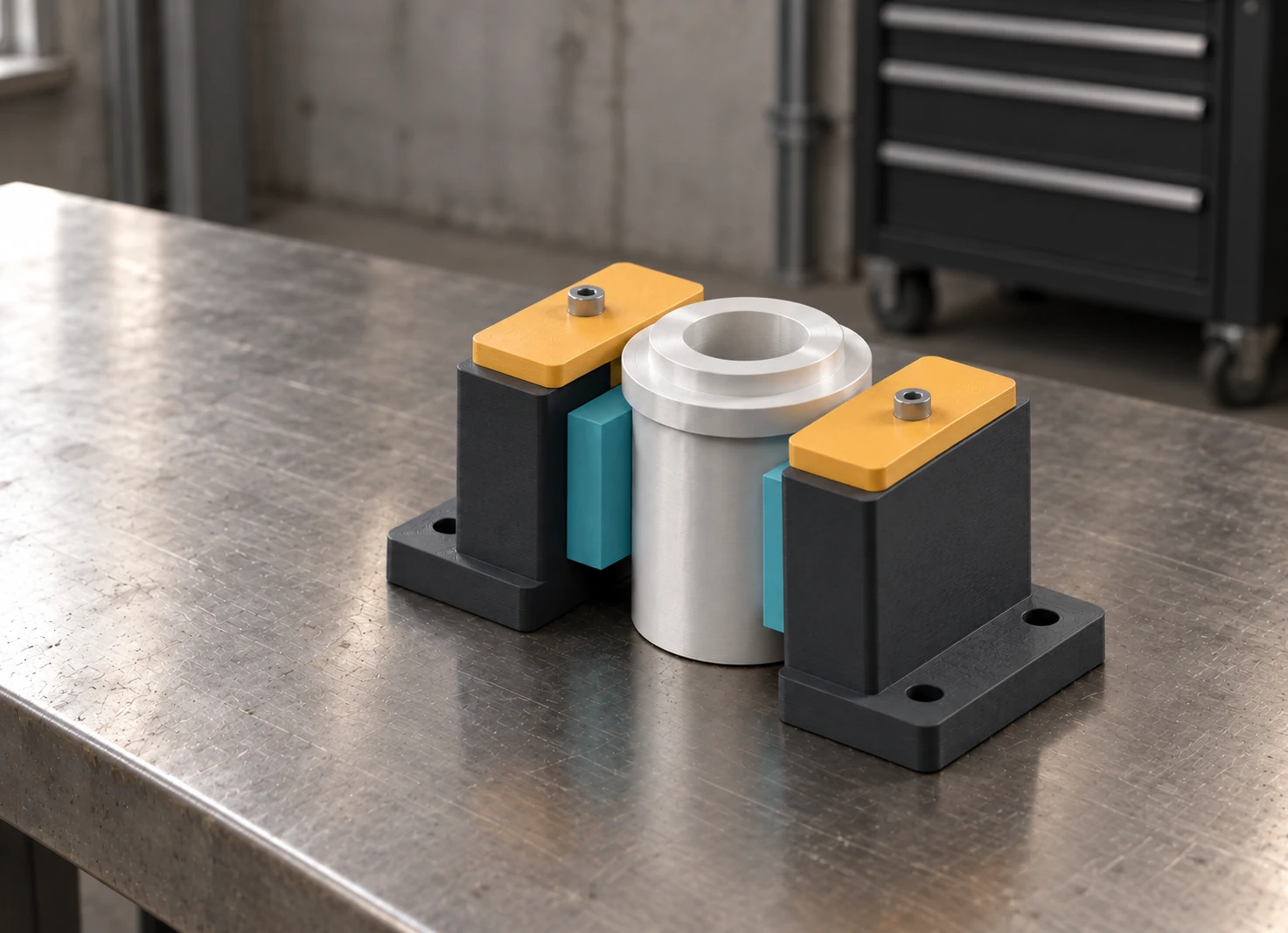 Rendered workshop scene showing the jaws around a bench-supported cylindrical sample