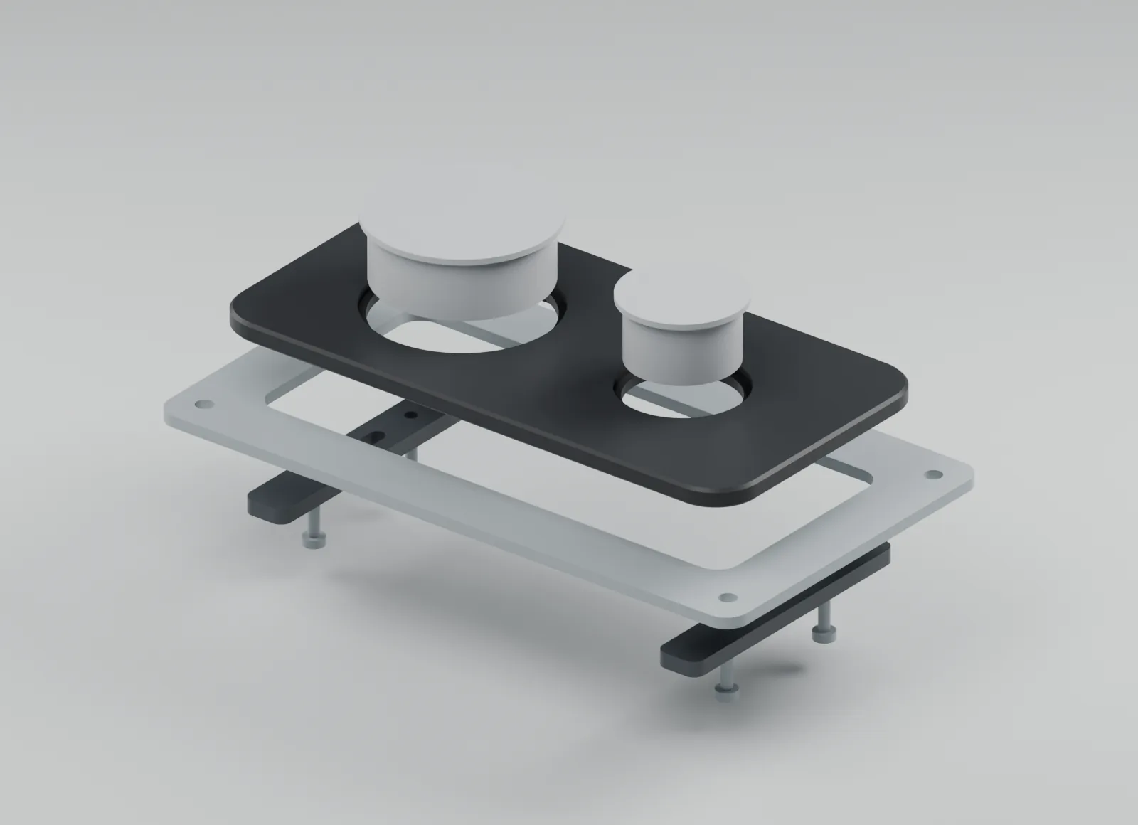 Exploded CAD view of a two-opening instrument bezel, rear retainer bars and original reference panel