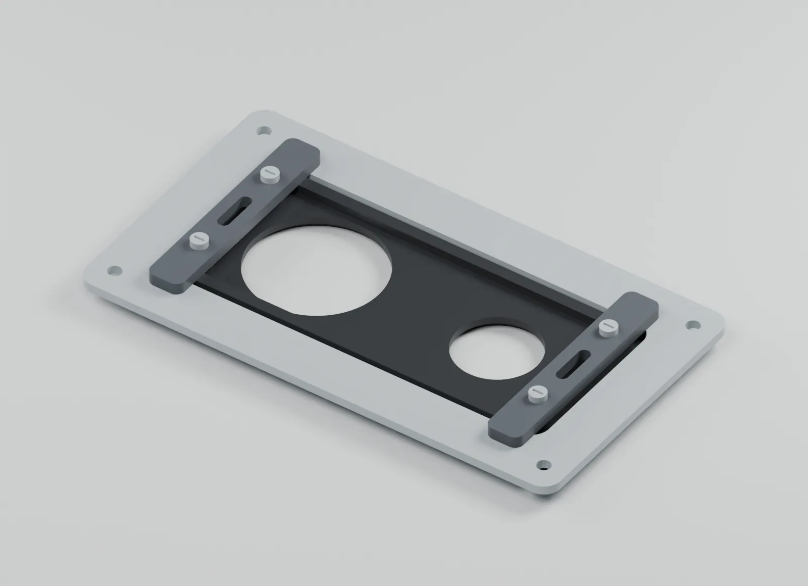 Rear CAD view showing the removable retainer bars behind the reference panel