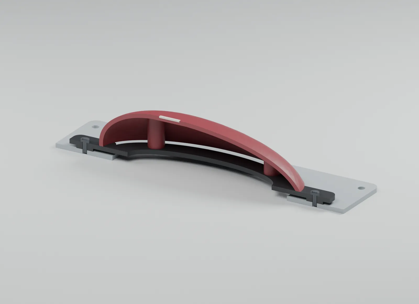 CAD half-section through the curved shell, mounting carrier and reference panel