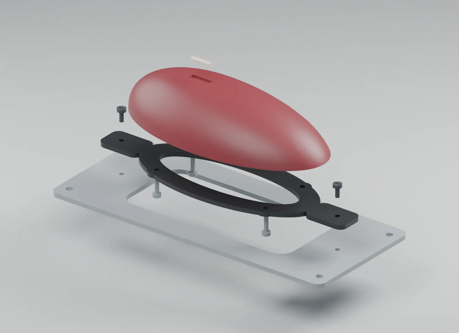 Exploded CAD view of an original curved motorcycle-style trim skin and its separate mounting carrier