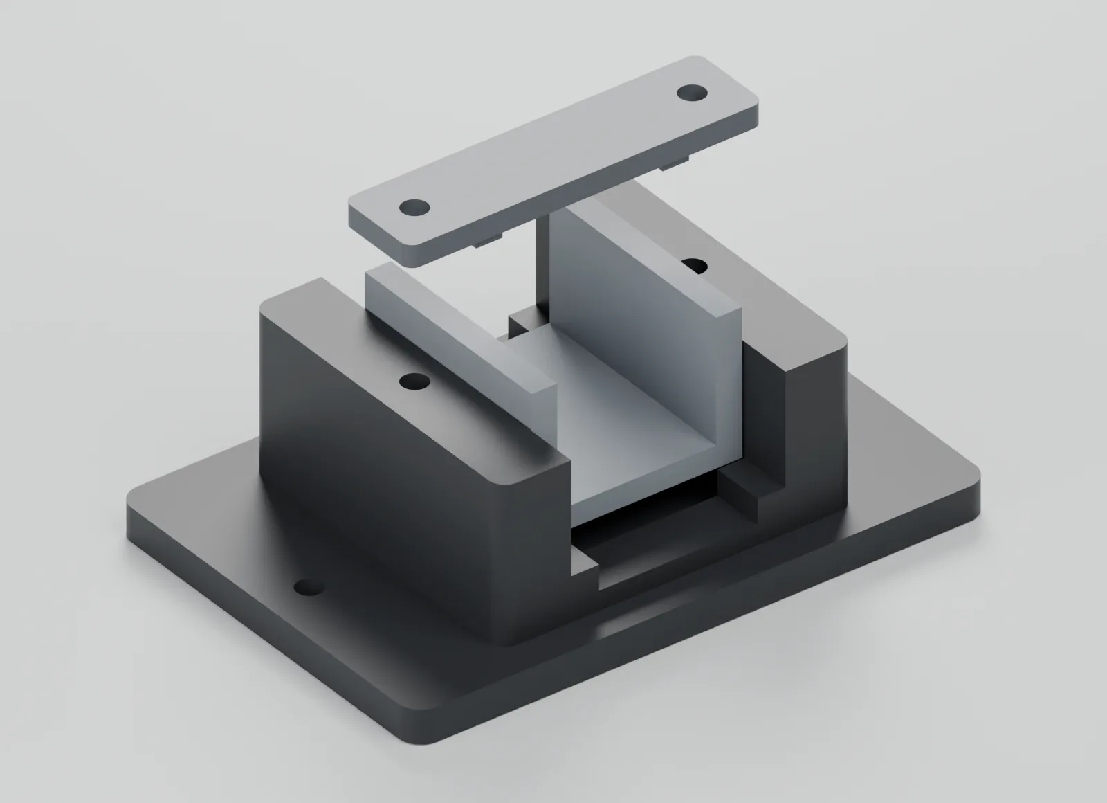 CAD view of the insert and top keeper lifted above their seats to reveal retention and access