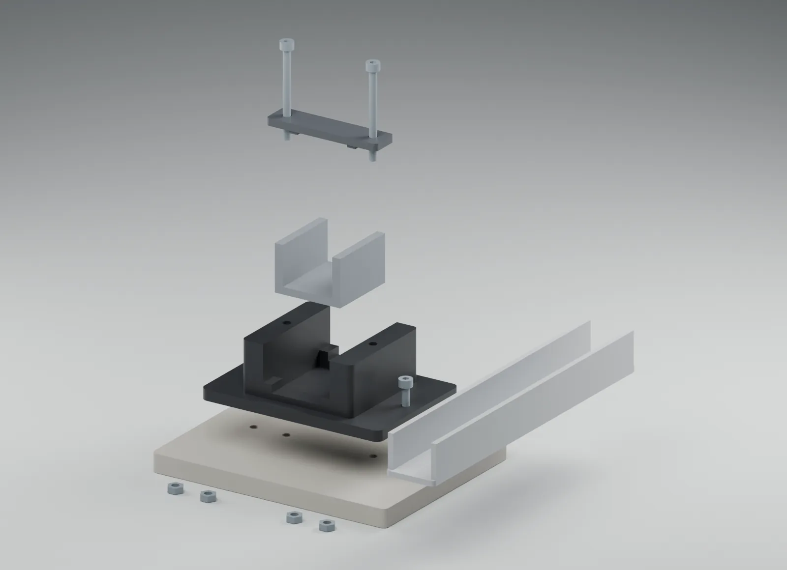 Exploded CAD view of an RV cabinet drawer guide body, replaceable wear insert and original rail interface