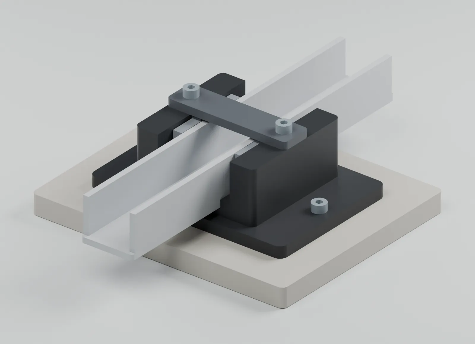Assembled CAD view of the drawer guide at its original rail and cabinet interface