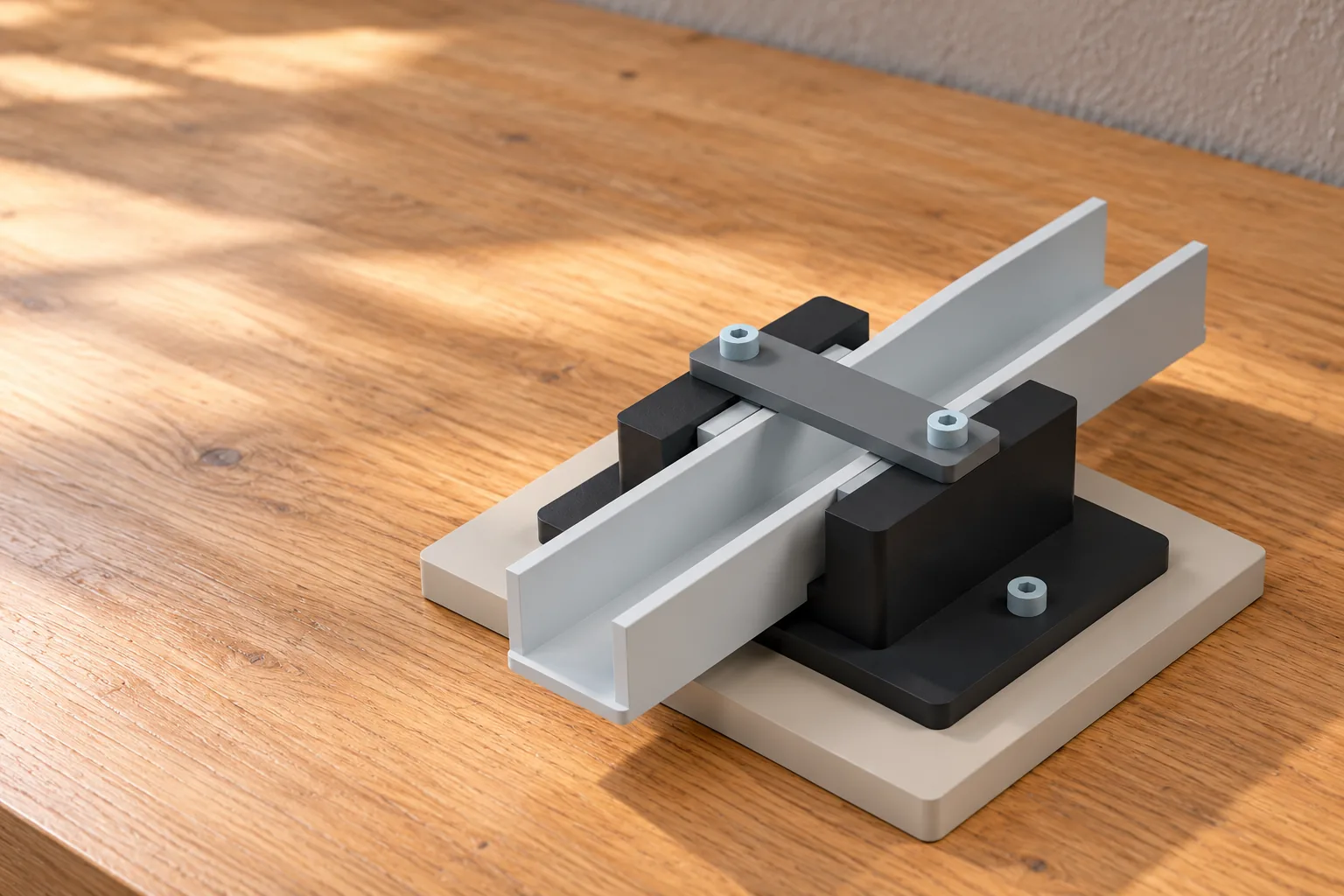 Rendered workshop scene showing the assembled drawer guide and reference rail