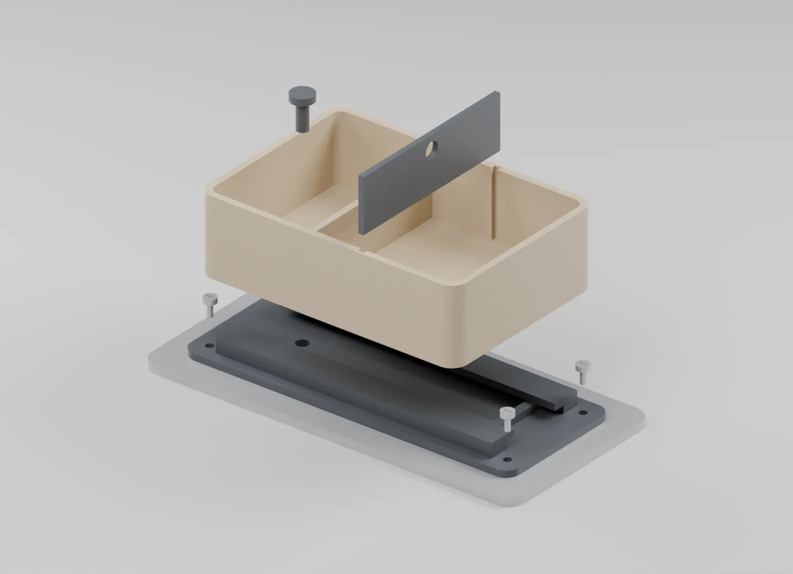 Exploded view of golf-cart modular organizer and removable mount