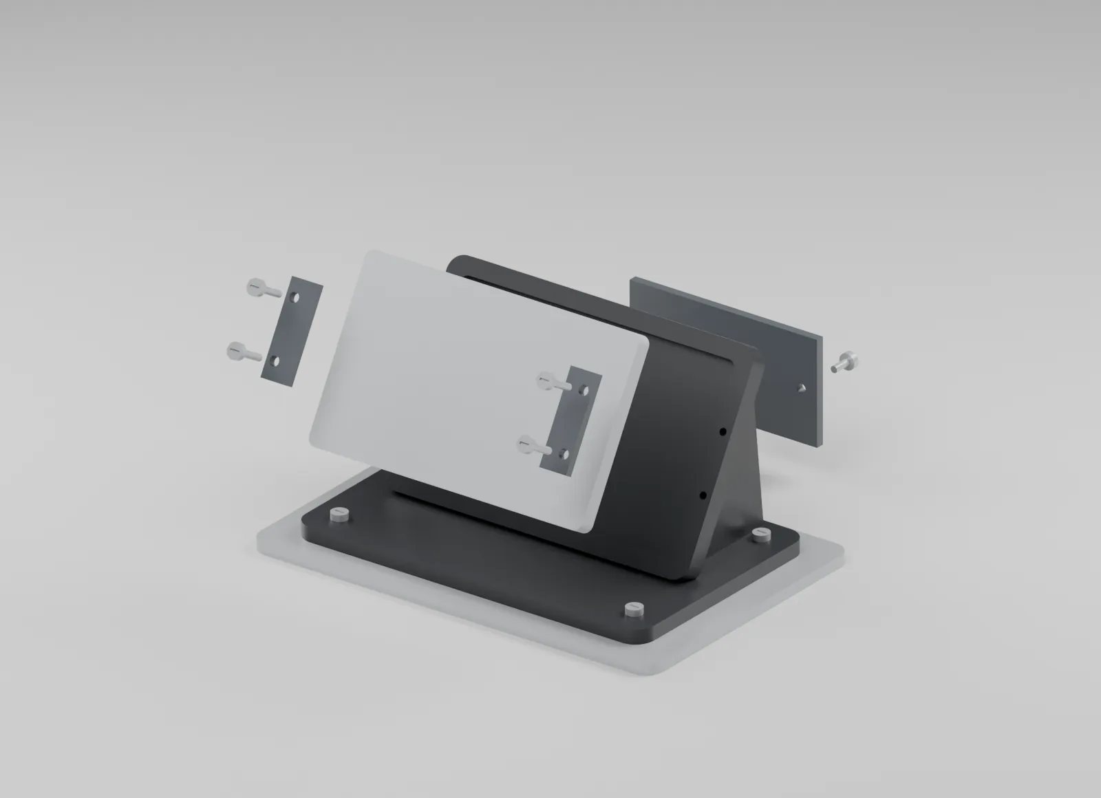 Exploded view of equipment display mount with removable cable cover