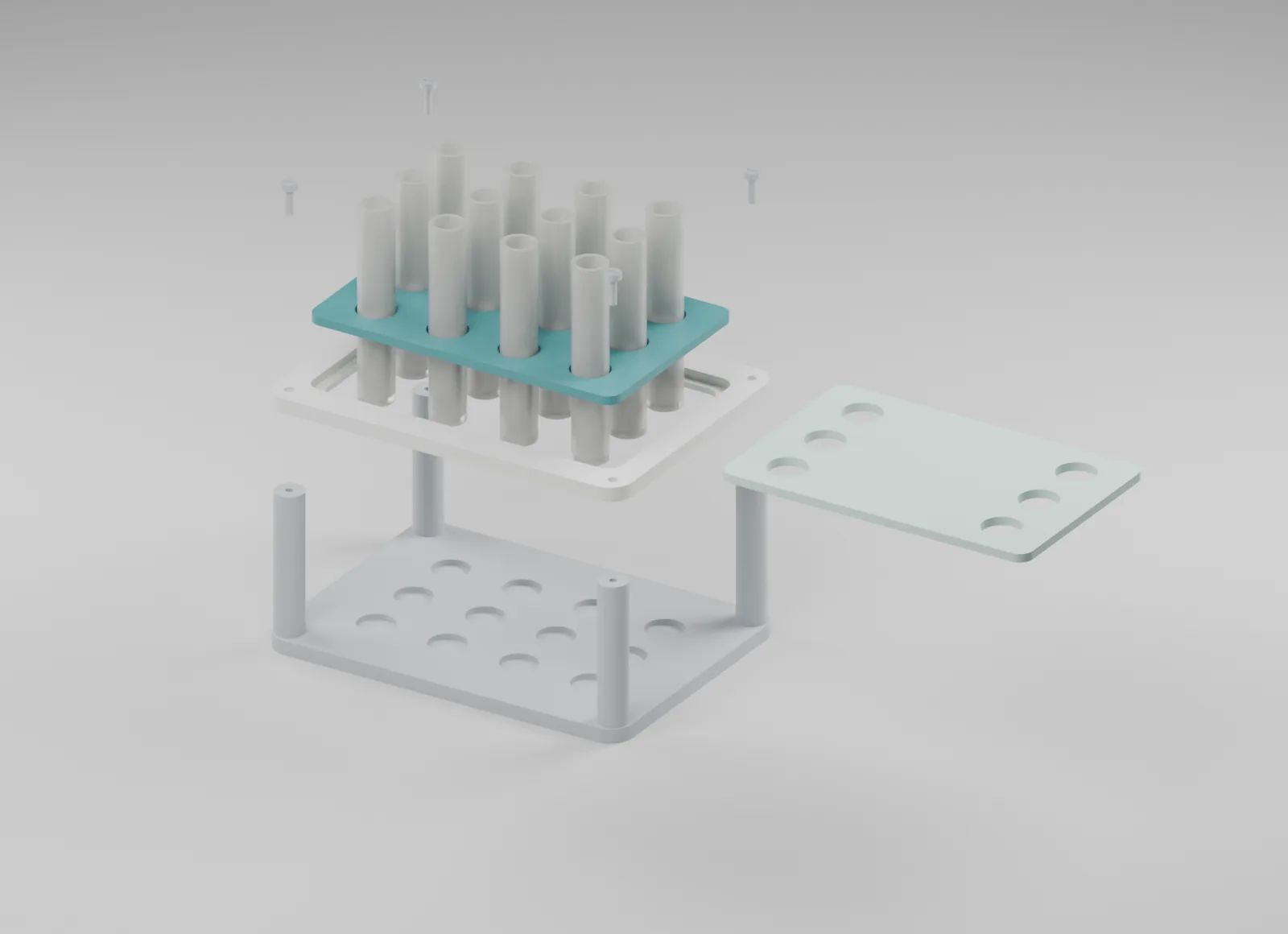 Exploded view of laboratory rack with inert tube mockups