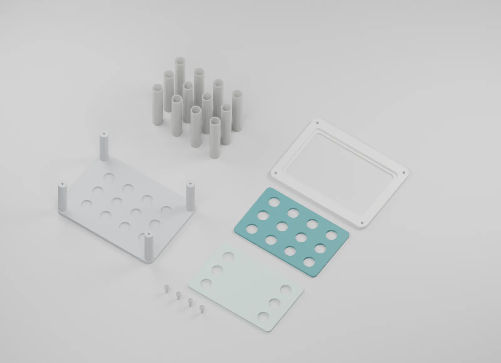 Rack parts, inserts and inert mockups arranged separately