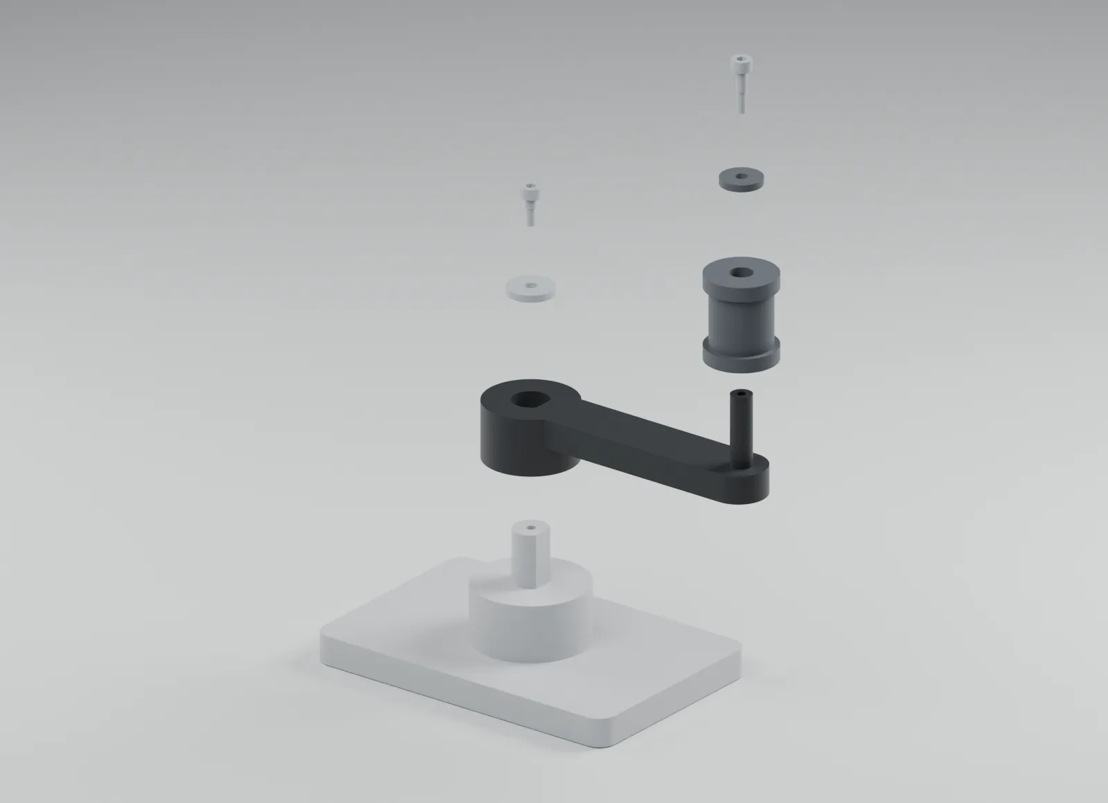 Exploded CAD view of the stationary window-crank handle and its separate components.
