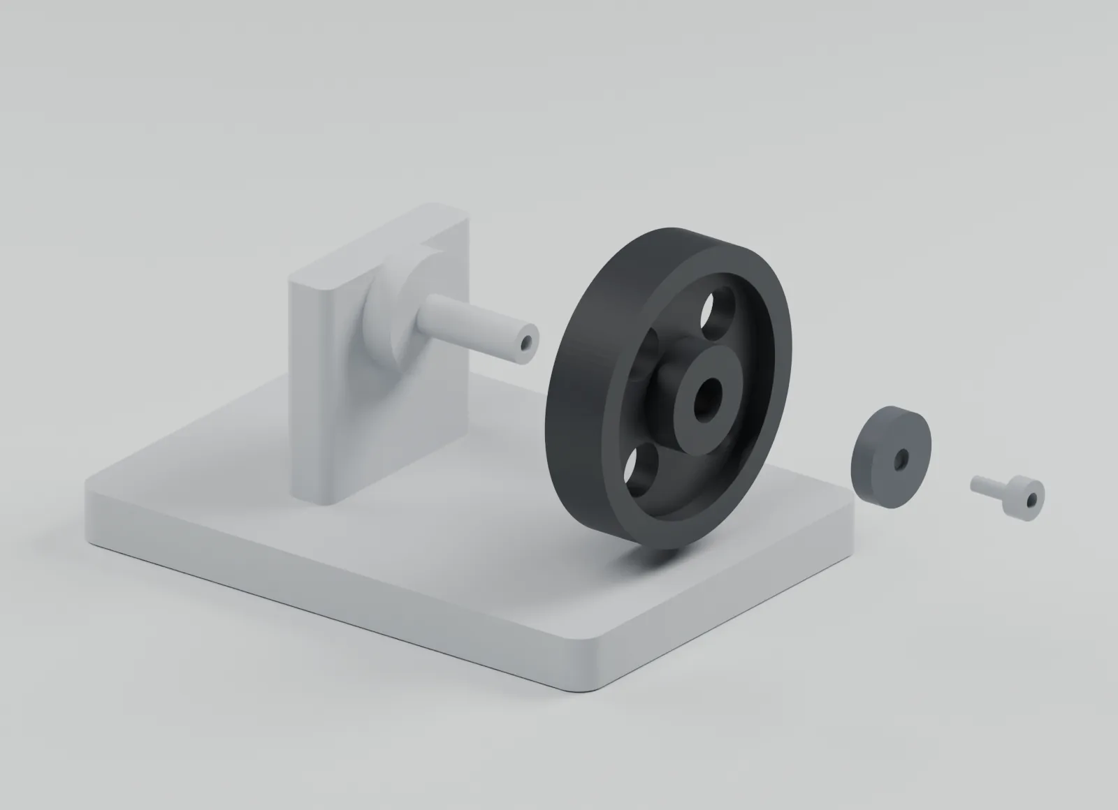 Exploded CAD view of the dishwasher wheel suitability study and its separate components.