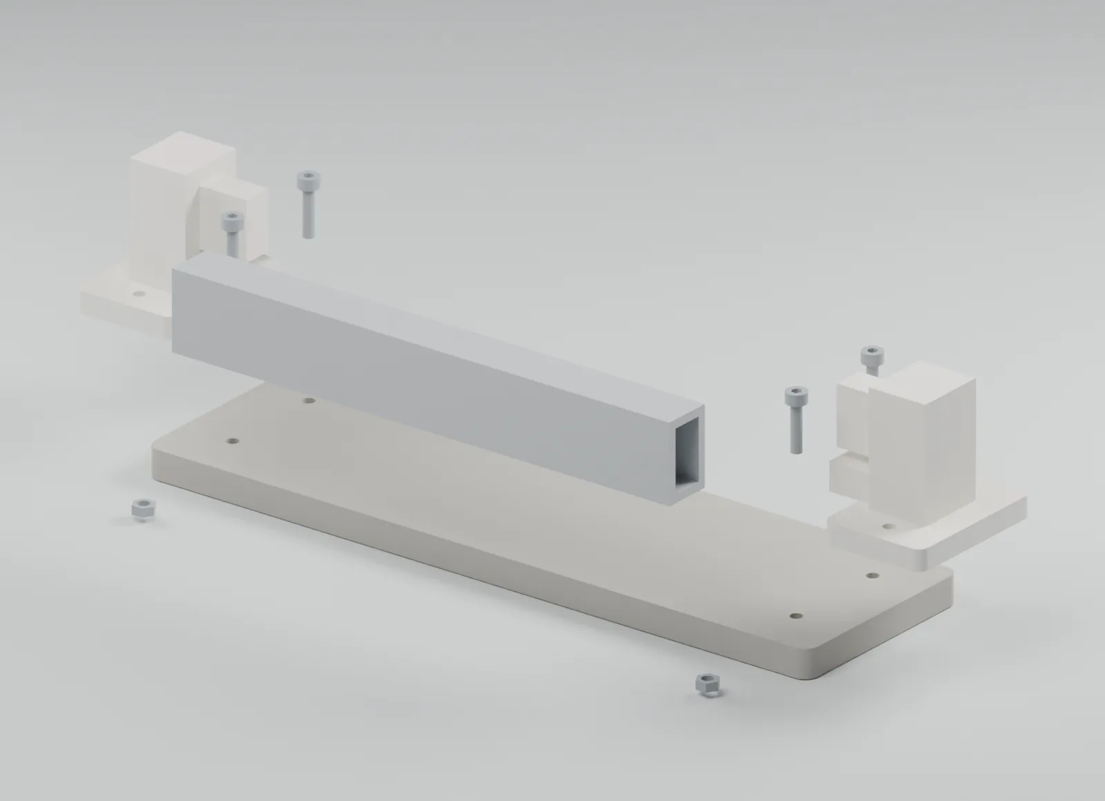 Exploded CAD view of the shelf-bar end retainer and its separate components.