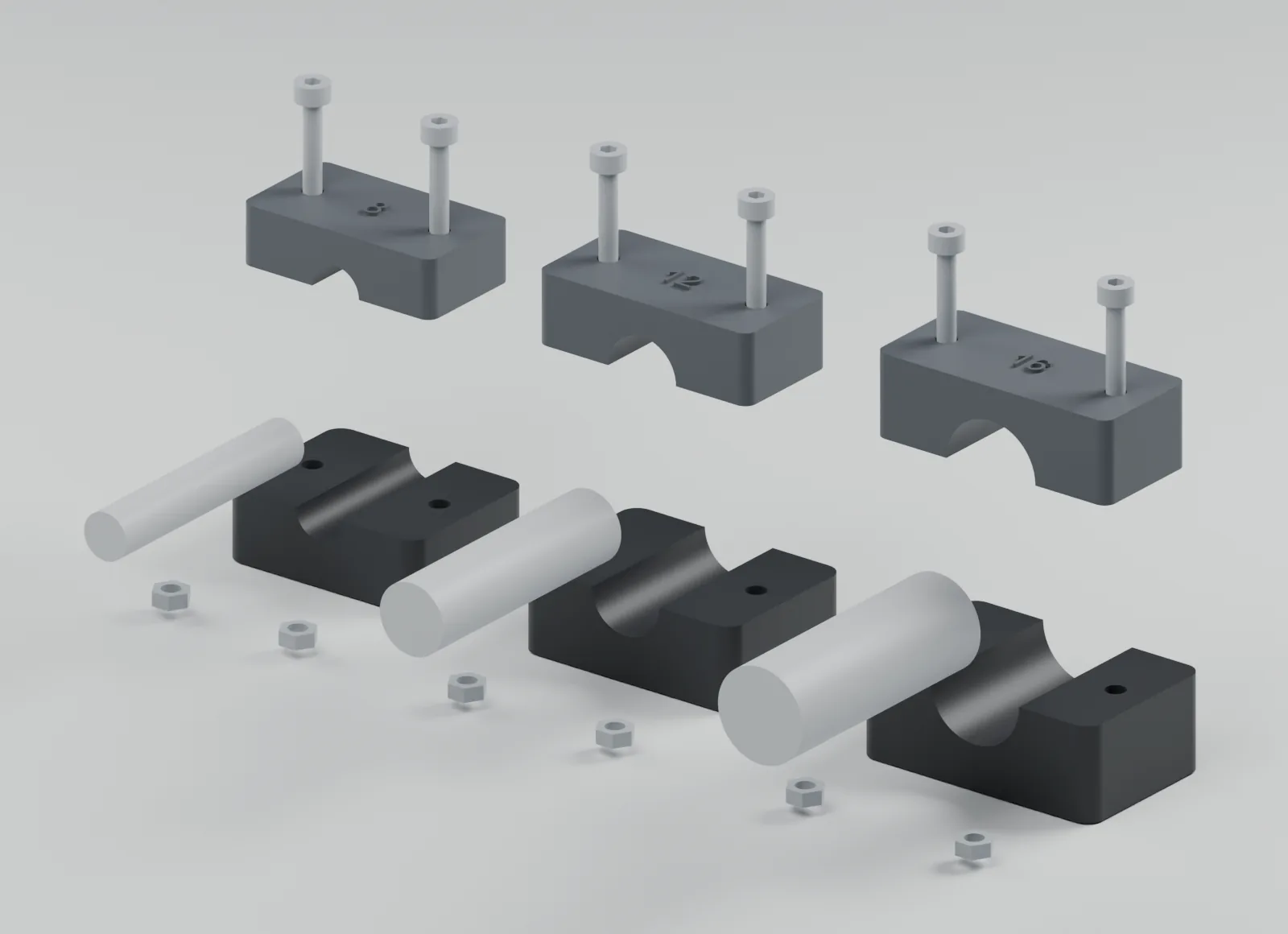 Exploded CAD view of three cable-guide sizes with separate caps and cable references