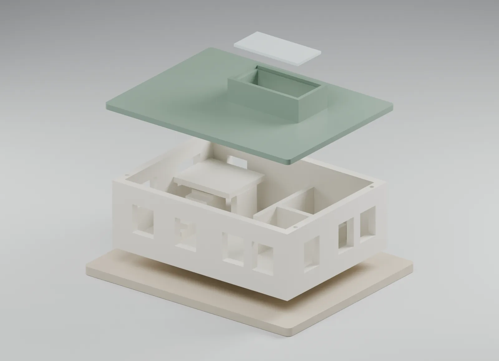 Exploded CAD view of the architectural model with removable roof and its separate components.