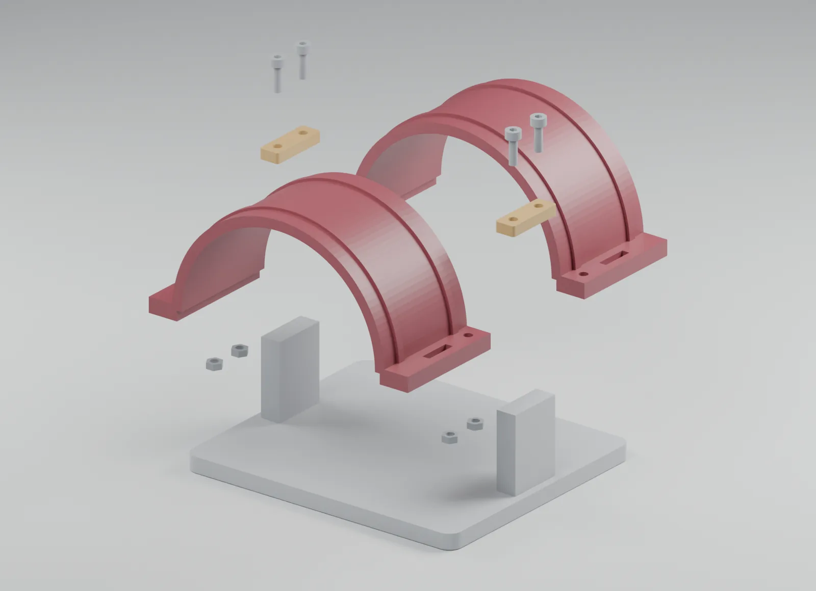 Exploded CAD view of the original segmented costume bracer and its separate components.