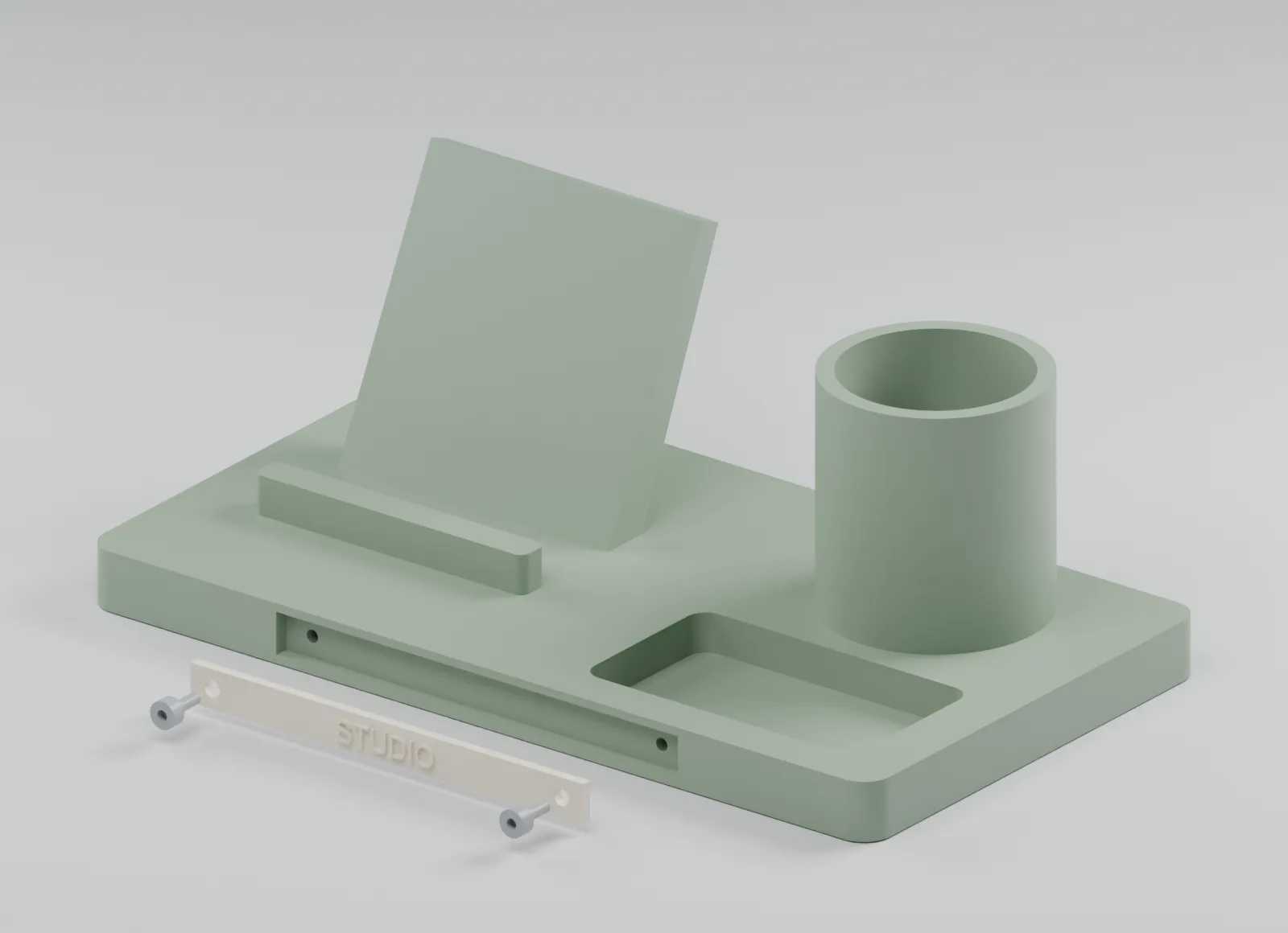 Exploded CAD view of the personalized desktop organizer and its separate components.